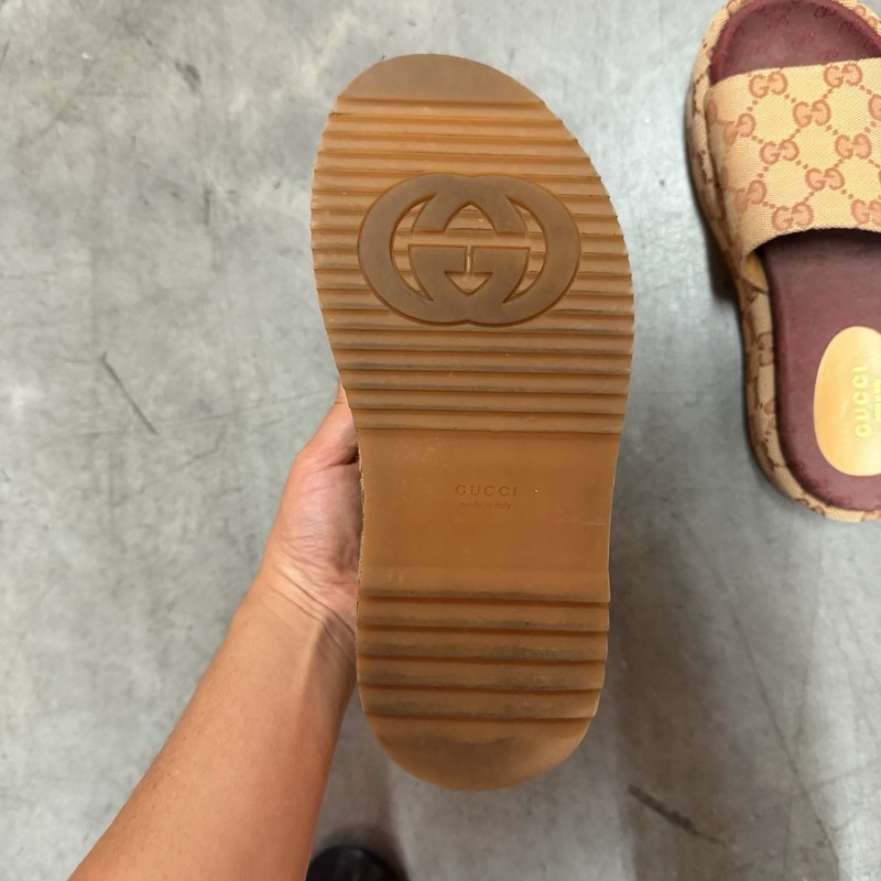 Gucci GG Monogram Wool Slide Sandals Beige/Brown/Burgundy Unisex US 5.5 gallery