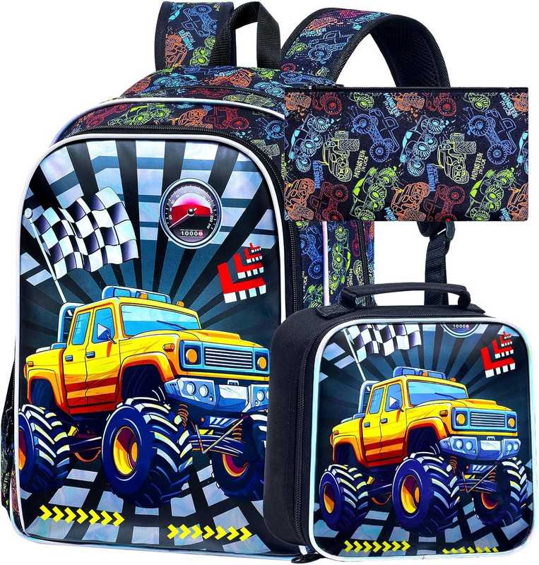16″ Truck Backpack for Boys, 3Pcs Bookbag with Lunch Box, Kids School Backpacks