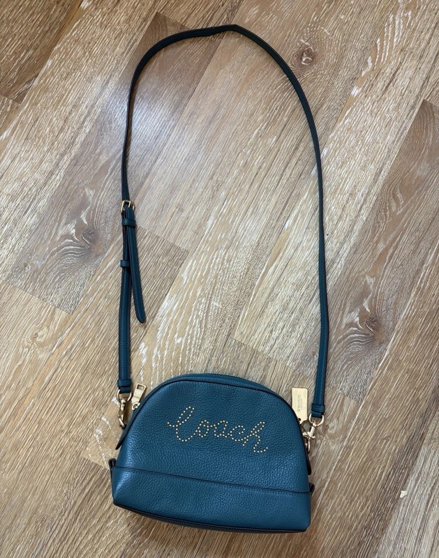 Authentic Coach Green Pebbled Dome Crossbody Zip Bag Logo Studs Detachable Strap