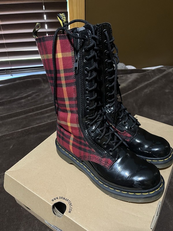 Dr. Martens LORNA Knee High Combat Boots Patent Tartan Side Zip US 7 EU 38 gallery
