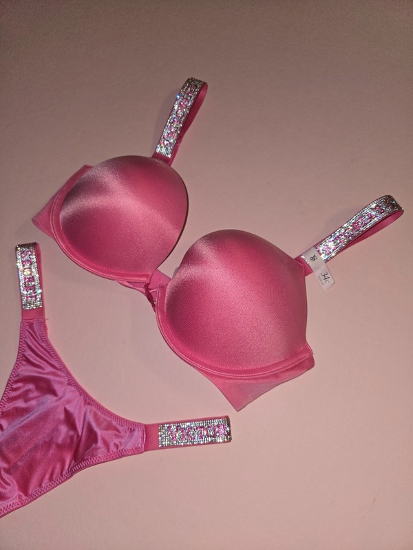 Victoria's Secret Shine Strap Bombshell Push Up Bra Thong Set Rose Garden NWT gallery