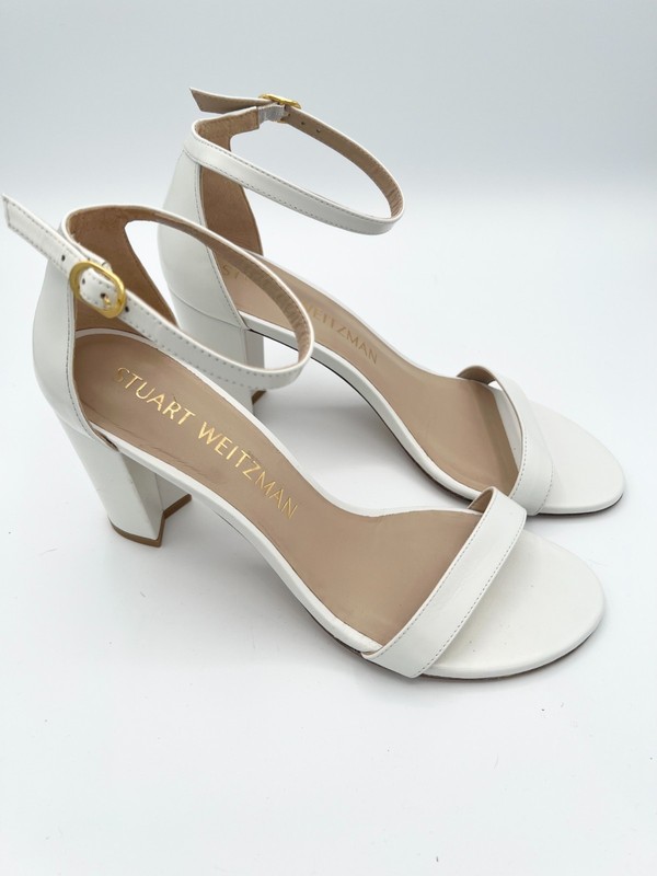 Stuart Weitzman Nearly Nude Sandals Heels Size 10 White Blue Ankle Strap gallery