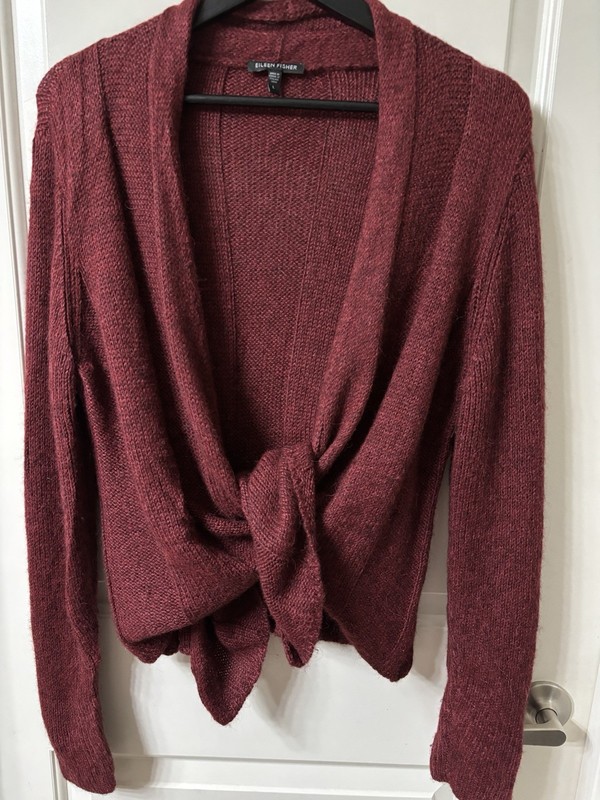 Eileen Fisher Size L Wool Alpaca Silk Open Front Wine Burgundy Cardigan