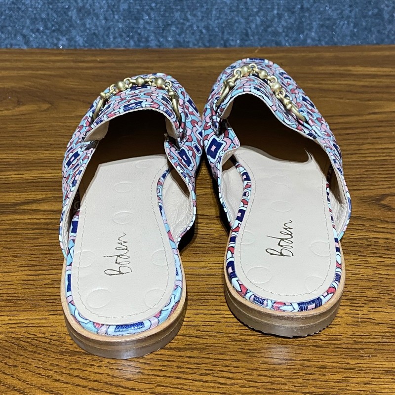 Boden Pink Blue Geometric Tile Print Leather Horsebit Mules Loafers EU38 W7 New gallery