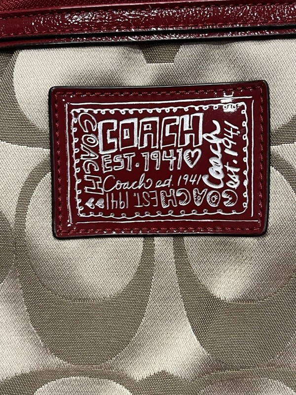 Coach Poppy Signature Tote Shoulder Bag Womens Khaki Red Patent Trim F20026 gallery