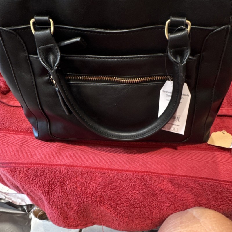 Black Satchel Gold Hardware Detachable Strap Zipper Accent Double Handles