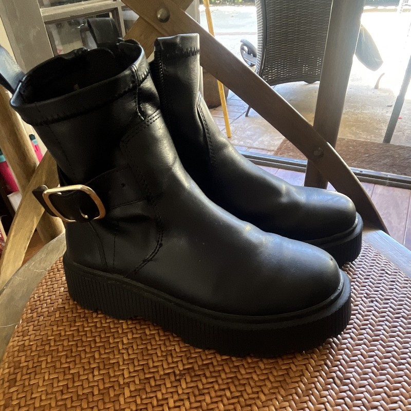 ZARA Women’s Black Platform Ankle Bootie Faux Leather Buckle Side Zip EU34