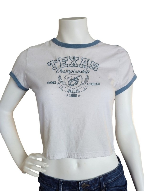 Rue21 White Texas Graphic Cropped Baby Tee Blue Trim Ringer Top