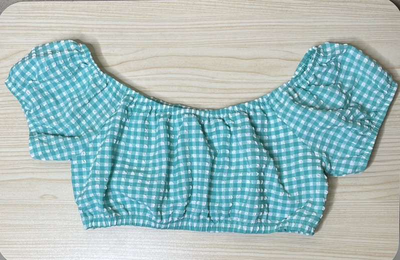 J. Crew Babydoll Textured On Off the Shoulder Crop Top Green Gingham Size M ?