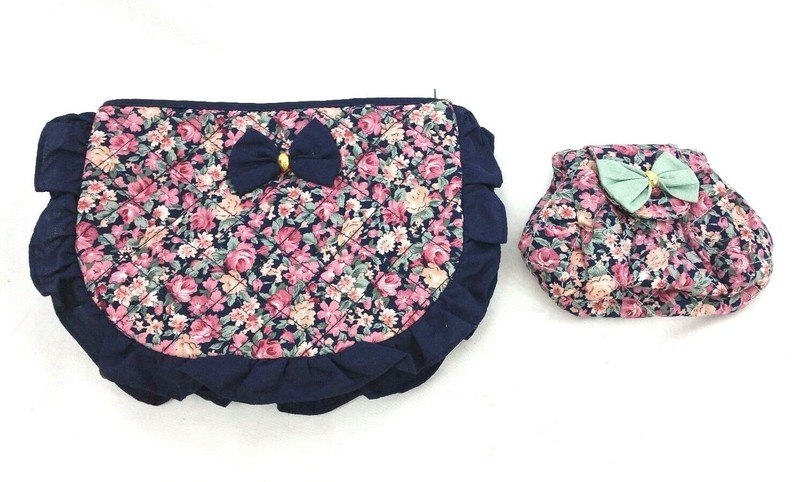 Two Travel Make Up Floral Cosmetic Bags Coin Money Zip Purse Navy Pink Quilted