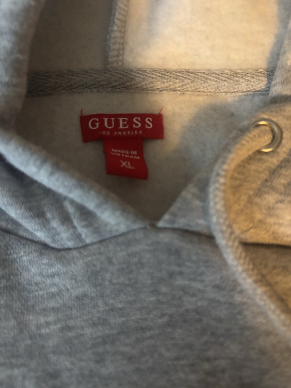 GUESS Women’s Gray Pullover Hoodie XL Logo Pattern Drawstring Long Sleeve