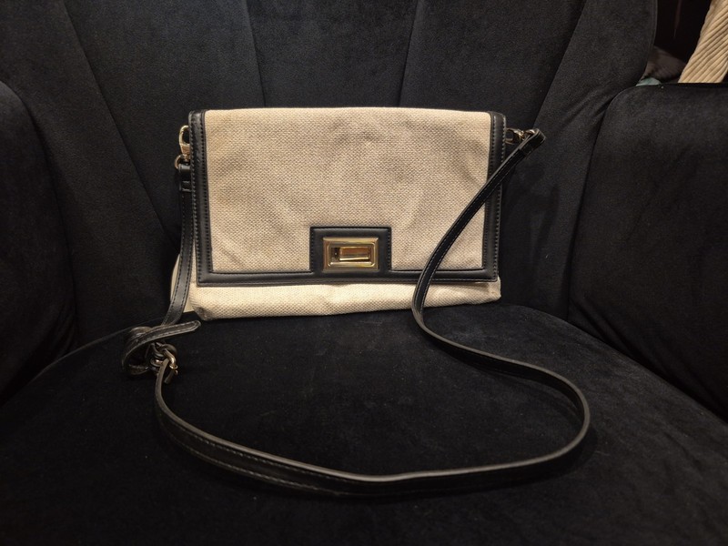 White House Black Market Purse, Black With Tan Canvas
