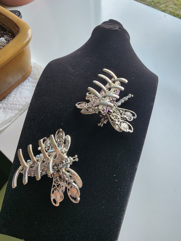 2 Vintage Silver Tone Embellished Butterfly Hair Clips, layered movable wings gallery