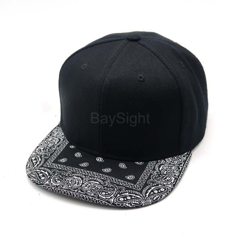 Mens Baseball Cap Snapback Adjustable Bandana Paisley Hat Solid Black Flat Bill gallery