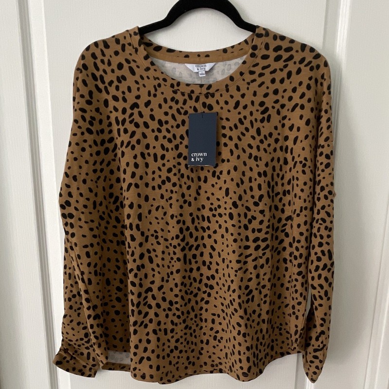 Crown & Ivy Women’s Brown Black Leopard Animal Print Knit Crew Neck Top S