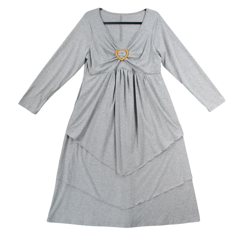Womens Heather Gray Heart Buckle Layered Handkerchief Hem Midi Dress Long Sleeve