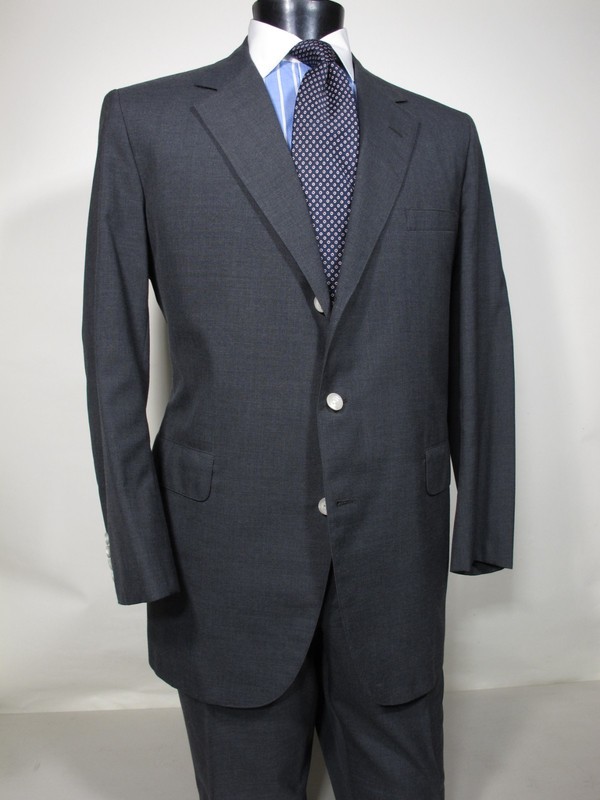 Vtg Pauls Wool Sack Suit 44 45L Charcoal Gray Full Canvas 3/2 Roll J Press tie