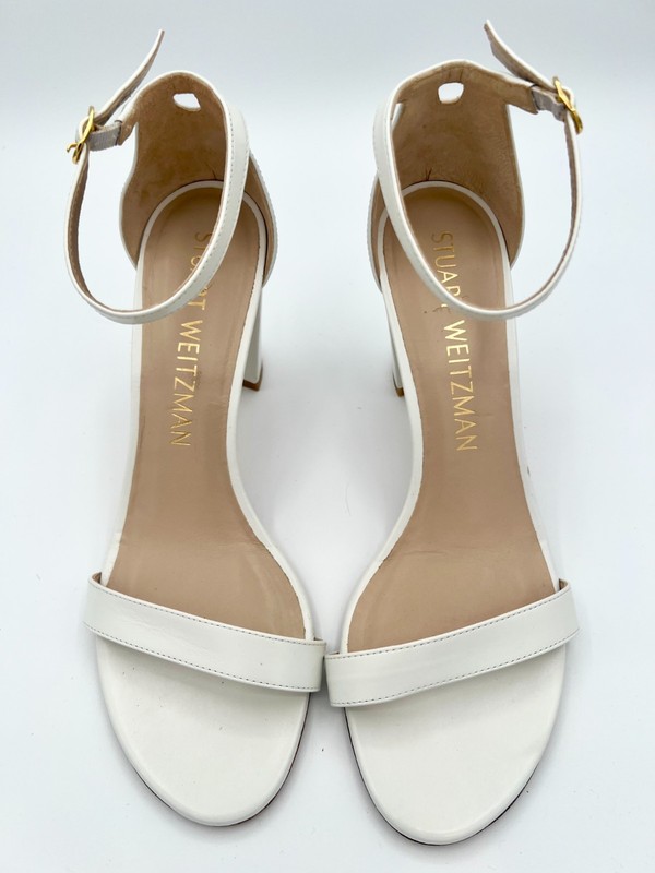 Stuart Weitzman Nearly Nude Sandals Heels Size 10 White Blue Ankle Strap gallery