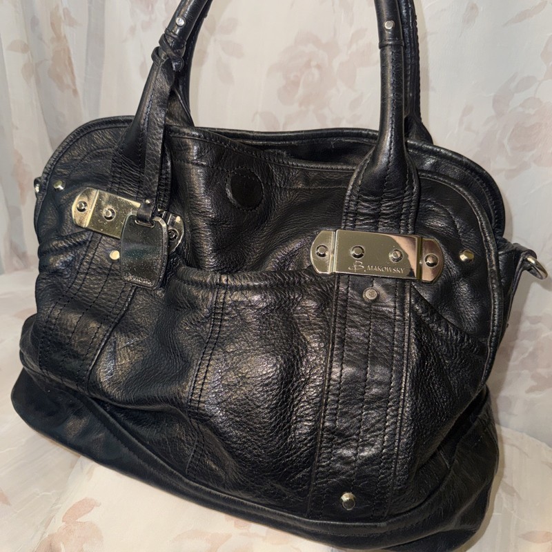 B Makowsky Large Black Luxurious Leather Shoulder Purse Satchel Handbag EC
