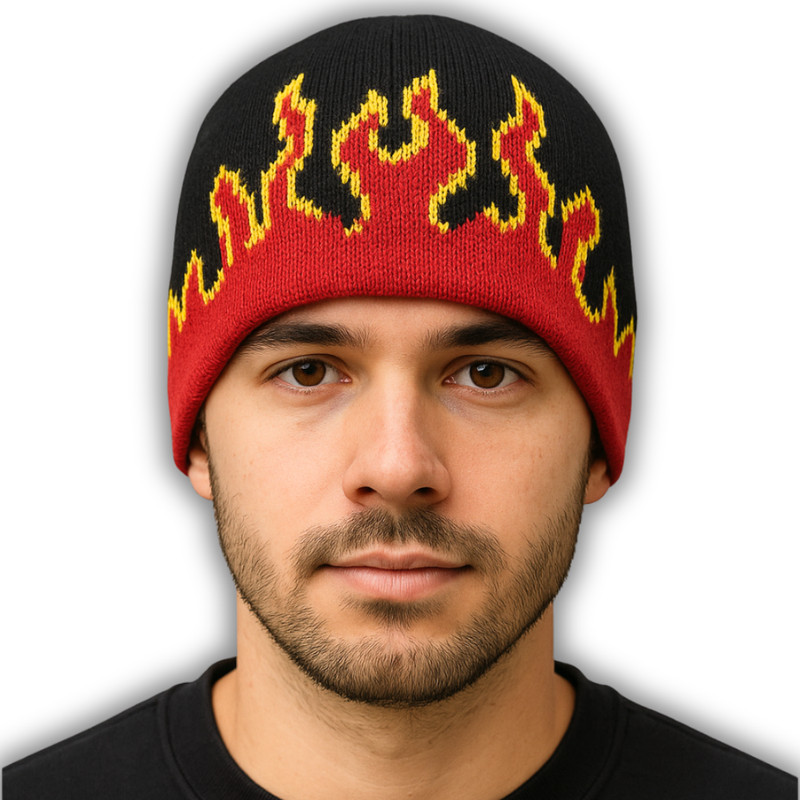 Black Red Flame Beanie Winter Knit Skull Cap Fire Flames Warm Ski Hat Unisex