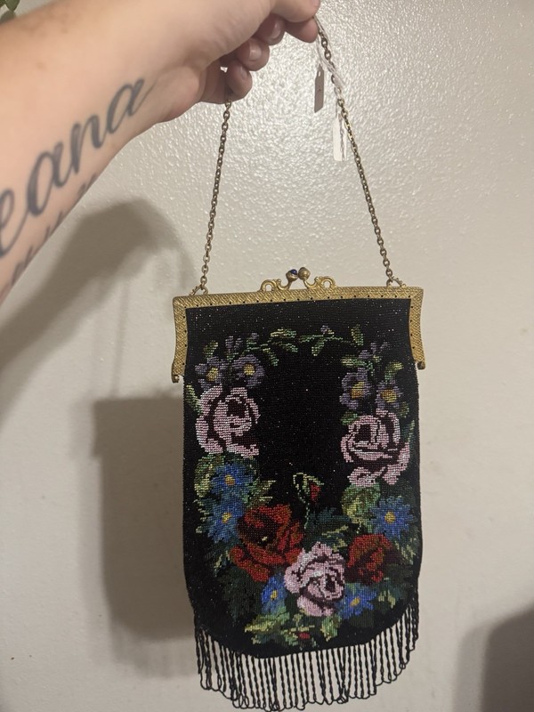 Vintage Art Deco Beaded Floral Evening Bag Chain Handle Fringe Metal Frame