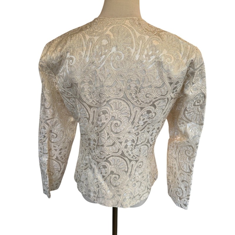 Patra Vintage Metallic Brocade Evening Jacket Pearl Button Bow Detail Ivory 12 gallery
