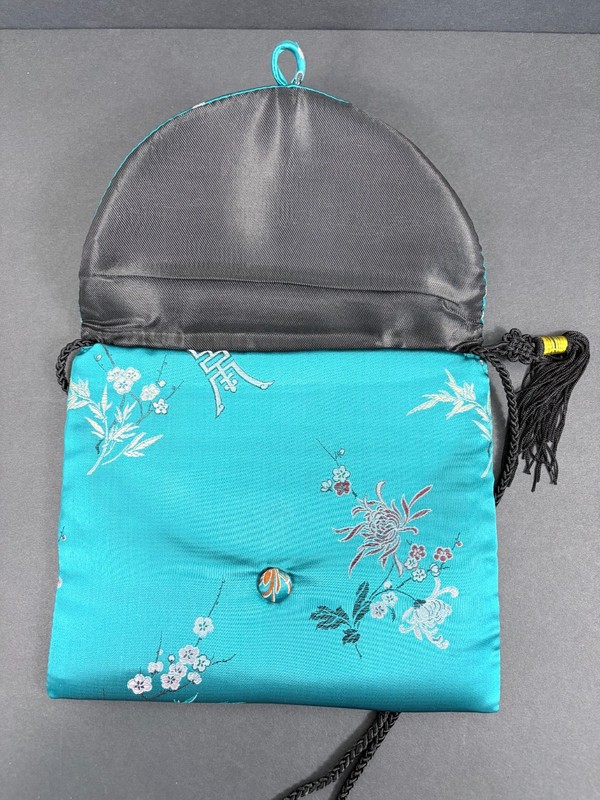 Asian Floral Silk Crossbody Purse Bag Button Flap Braided Strap gallery