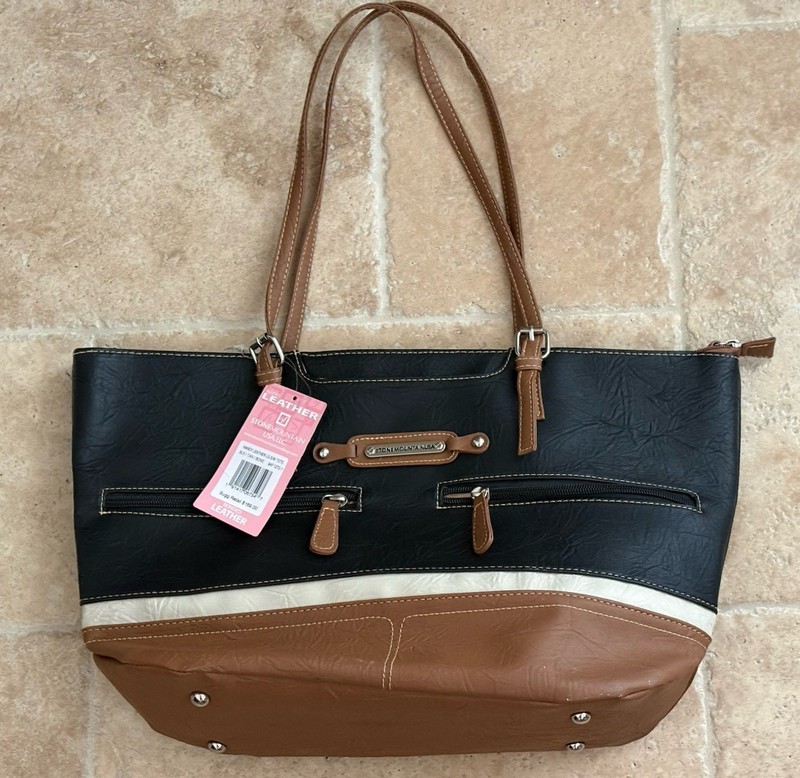 Stone Mountain Bonded Leather Tote Bag NWTs Black /Tan Shoulder Strap