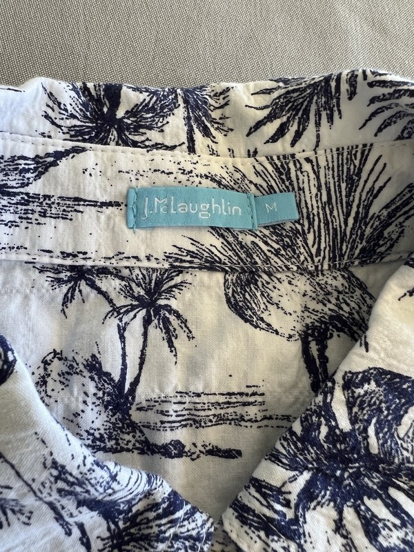 J McLaughlin Womens Button Up Shirt Size M White Blue Birds Floral Long Sleeve gallery