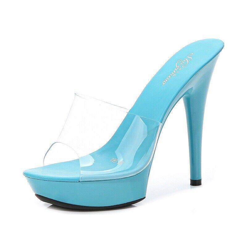 Womens PVC Clear Silpper Platform High Heels Mules Sandals Shoes Slide Plus Size gallery