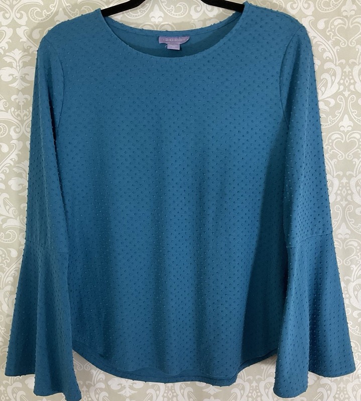 LAURA SCOTT Women’s Blouse Medium Teal Blue Textured Polka Dots Bell Slvs Boho