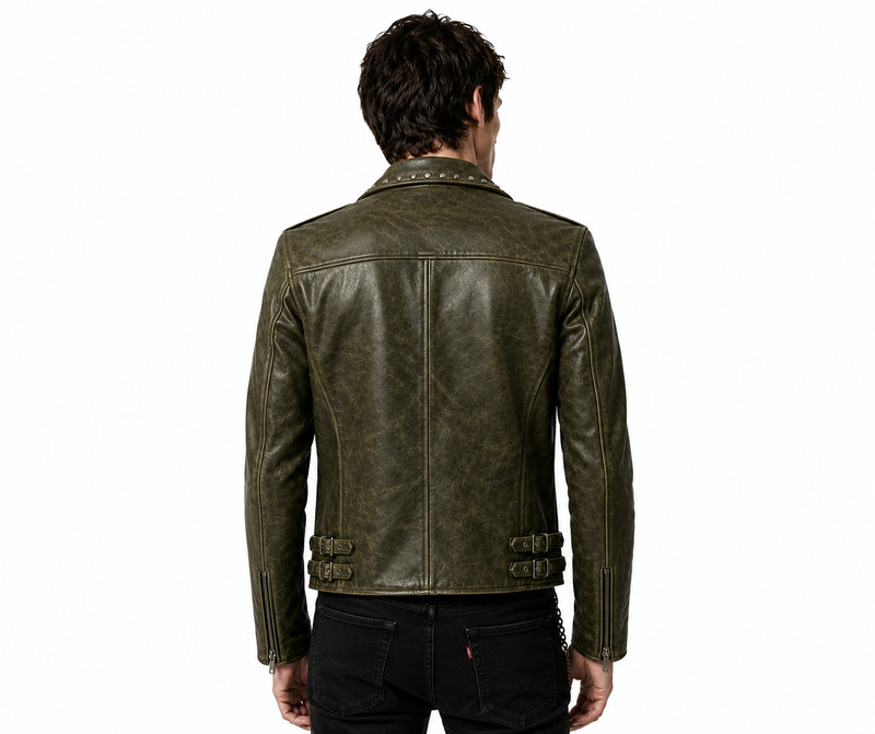 Men’s Olive Green Distressed Studded Leather Biker Jacket. Gift For Him/her gallery