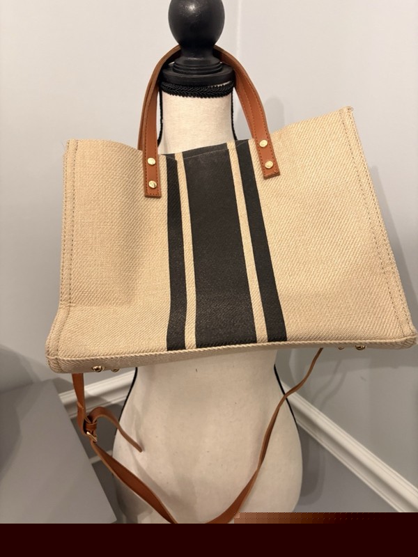 Beige Black Striped Tote Bag Brown Leather Top Handles Detachable Strap Snap