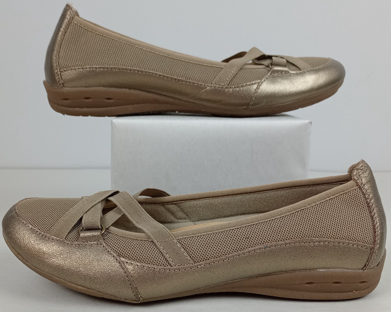 Earth Spirit Gelron Womens 8 Beige Gold Mesh Cross Elastic Peni Ballerina Flats gallery