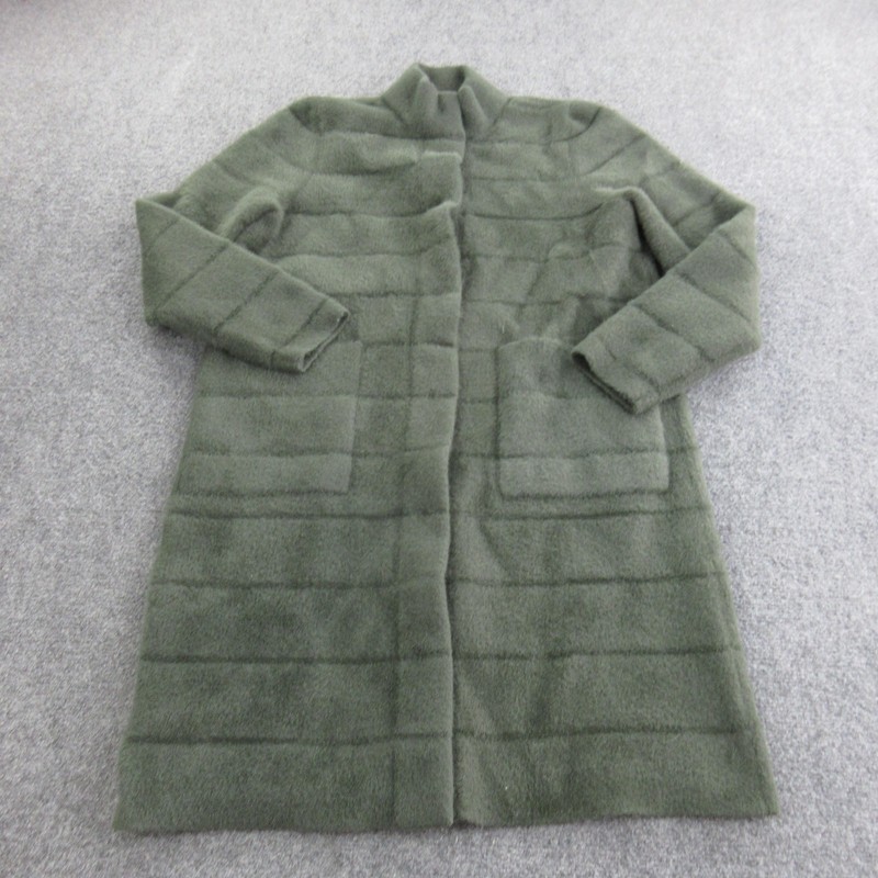 J.McLaughlin Coatigan Womens L Green Fuzzy Nylon Long Open Front Pockets Unlined