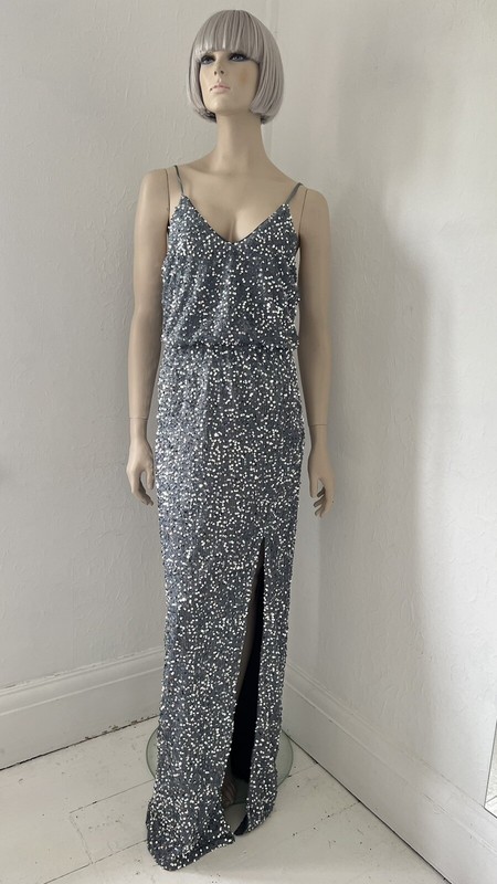 Faeriesty Silver Sequin Evening Dress L Prom Evening Occasion Party Maxi