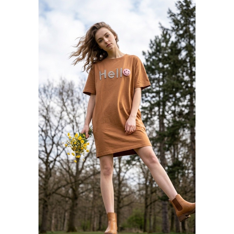 NWOT Easel Los Angeles Hello Rhinestone Smiley Face T-Shirt Mini Dress Brown L