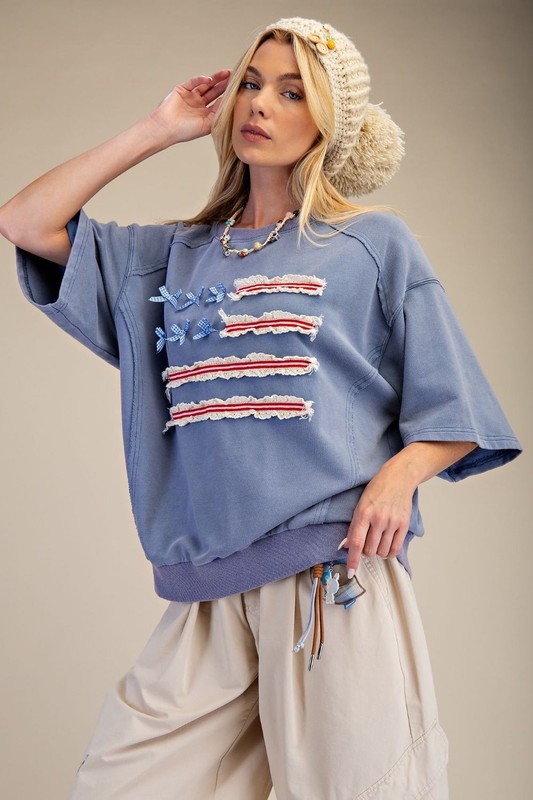 Easel Women’s American Flag Bows and Lace Oversized Washed Top in Blue