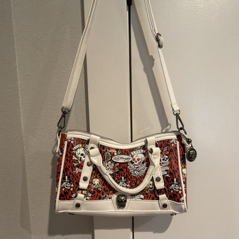 Ed Hardy Red Skull Print Small Satchel Shoulder Bag Zip Top