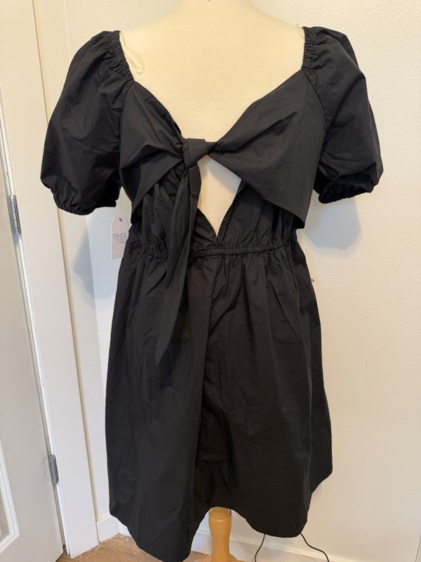 Women's Black Tie Back Mini Dress Puff Sleeves, size XL wedding Formal Bow Prepp gallery
