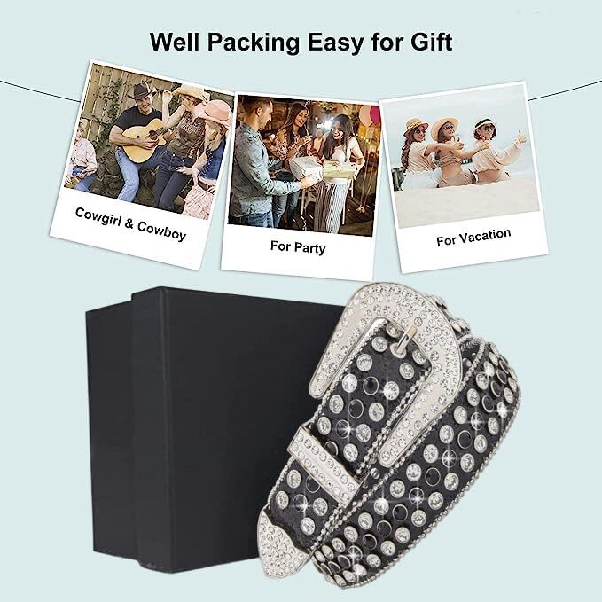 Men Fashion Rhinestone Belt Western Bling Studded Design Leather Belt for Jeans gallery