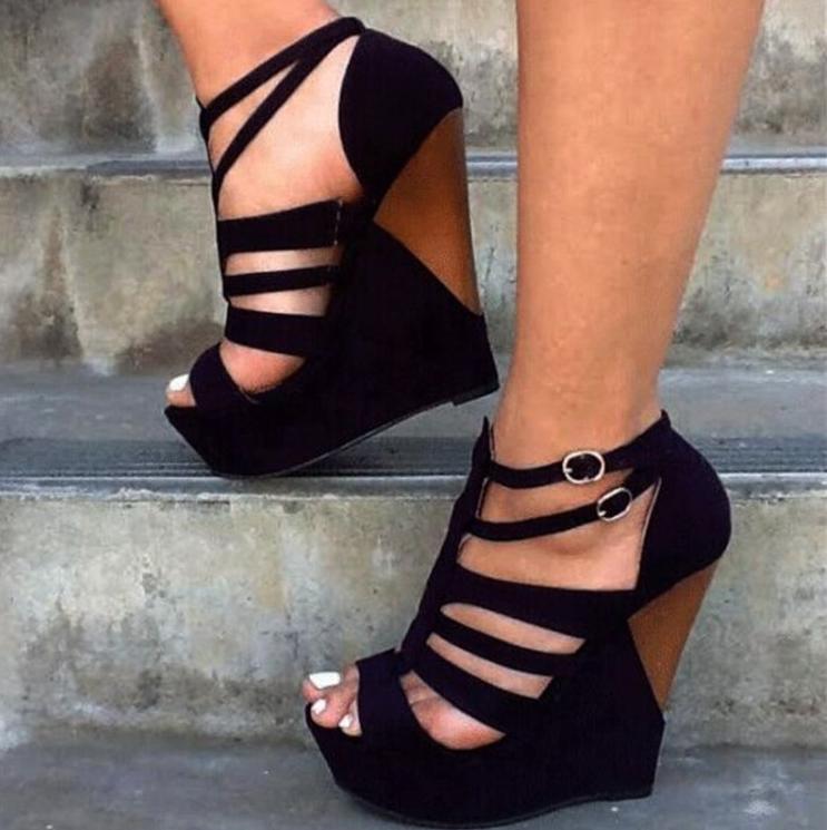 Womens Peep Toe Hollow Out Sandal Shoes High Platform Wedge Heel Roman Plus Size