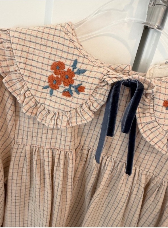 LOUIS LOUISE Girls 8 Beige Check Collared Long Sleeve A-Line Dress Bow gallery