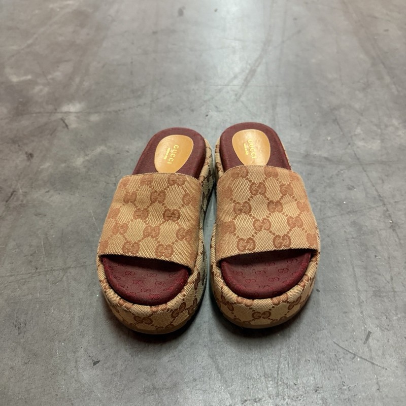 Gucci GG Monogram Wool Slide Sandals Beige/Brown/Burgundy Unisex US 5.5 gallery