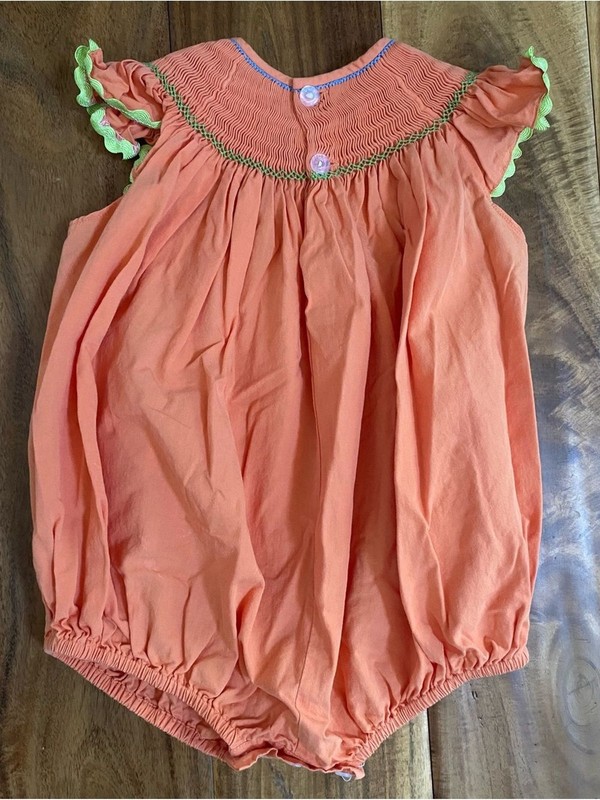 Chocolate Soup Vintage Baby Girl Smocked Monkey Romper Bubble Size 6 Months gallery
