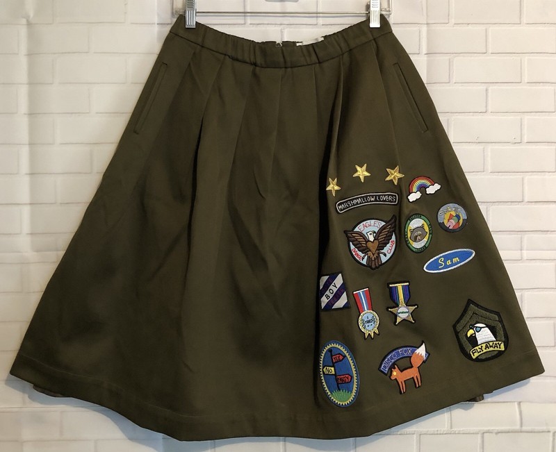 Mira Mikati Skirt Womens 4 Green Embroidered Scout Patches Pockets Elastic Waist