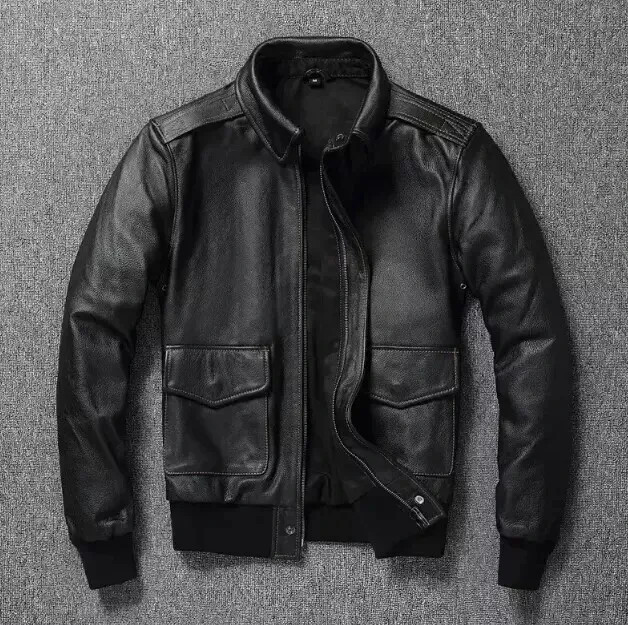 CLEARANCE Mens A2 Vintage Black Real Leather Pilot Bomber Flight Smooth Jacket