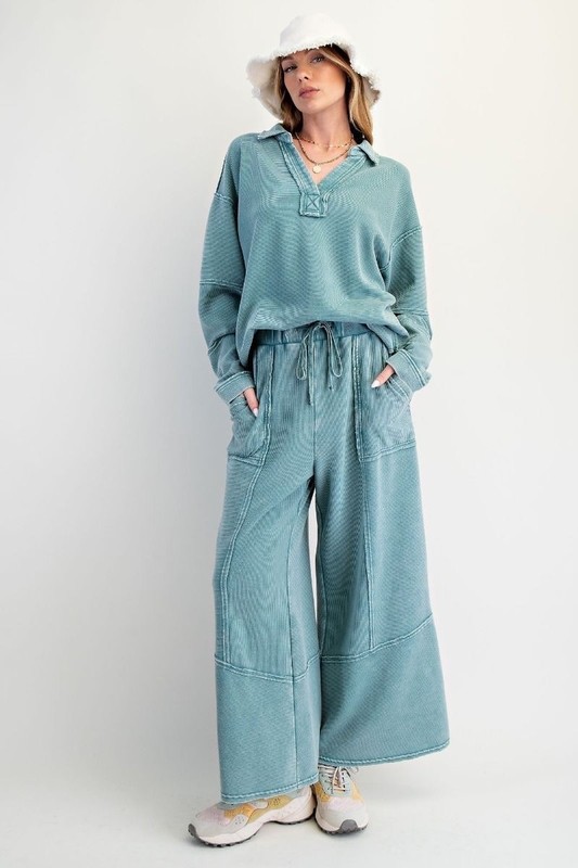 New Easel Mineral Washed Textured V Neck Pullover Sweatshirt Relaxed teal Small