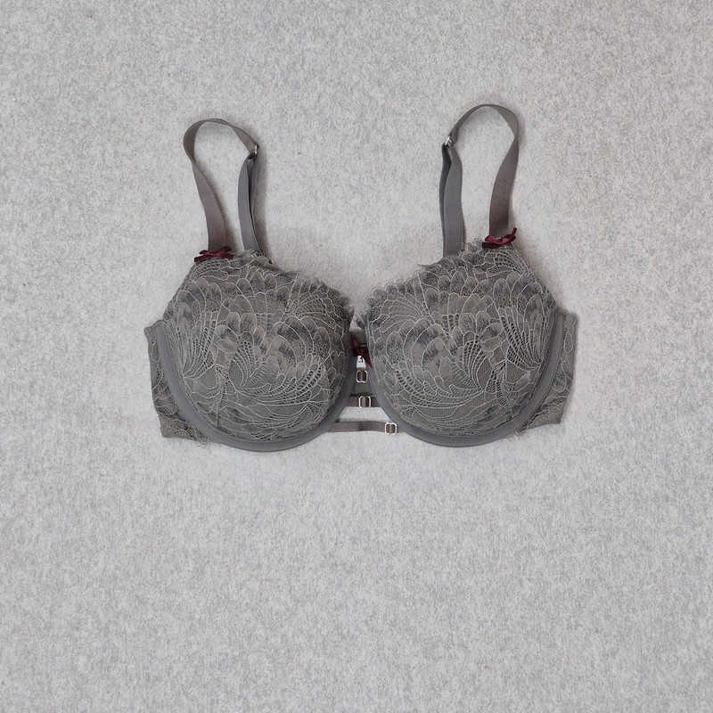 Cacique Women Bra 34DDD Gray Boost Balconette Underwired Lace Bow