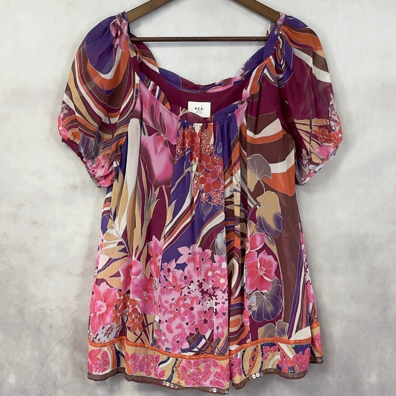 ECI New York Silk Floral Blouse Womens 10P Sequin Flowy Fairy Y2K Dopamine